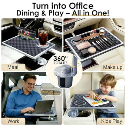 Car Food Tray & Car Table Tray with Car-Grade Aluminum Cup Holder & Phone Stand,360° Rotating Car Desk for Laptop & Eating, Compatible with Tesla Model Y/3/S, Best Fit Round Cup Holder (2.28" - 3.66") - color: 𝗦𝗾𝘂𝗮𝗿𝗲 · Grey&Black