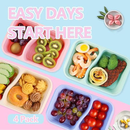 Finorder 4 Pack Wheat Straw Containers, Colorful 2 Compartment Reusable Snack Bento Box Toddler, Rectangle Meal Prep Food Containers for Adults Office and Travel - color: 3 Wheat Straw-4 pack