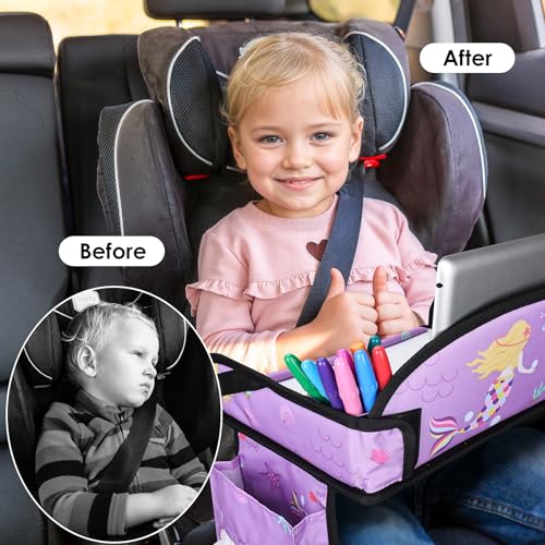 2PCS Kids Travel Tray for Airplane - Toddler Car Seat Table Tray, Road Trip Essentials for Boys & Girls, Carseat Lap Desk for Kids Road Trip Activities (Dark Blue Car/Purple Mermaid) - color: Dark Blue Car/Purple Mermaid--2PCS