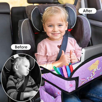 2PCS Kids Travel Tray for Airplane - Toddler Car Seat Table Tray, Road Trip Essentials for Boys & Girls, Carseat Lap Desk for Kids Road Trip Activities (Dark Blue Car/Purple Mermaid) - color: Dark Blue Car/Purple Mermaid--2PCS