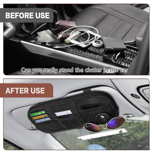 Car Sun Visor Organizer, Sunglasses Holders for Car Sun Visor, Storage Travel Document Holder with Multi Pocket Net Zipper, PU Auto Interior Accessories Universal for Car SUV Truck