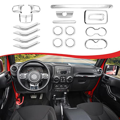 CheroCar 18PCS Interior Trim Kit for Jeep Wrangler JK JKU 2011-2018 4 Door,Steering Button Frame, Air Conditioning Vent Trim Cup Holder Cover,Gear Shift Knobs Frame,Chrome - color: Chrome