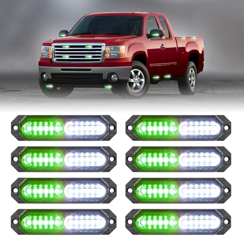HLauto 1200T Emergency Strobe Grille Lights: 8pcs 12 LED Sync Feature Safety Warning Flashing Lights, Ultra Slim Surface Mount Hazard Caution Lights for Trucks, Vehicles, Car, ATV, UTV (Green White) - color: Green/White