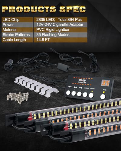 LUMENIX 70 Inch Emergency Running Board Rigid Strobe Lights Strip Bar 864 LED Flashing Warning Safety Light with Controller for Construction Vehicles Work Commercial Trucks Pickups Cars - Amber White - color: Amber and White