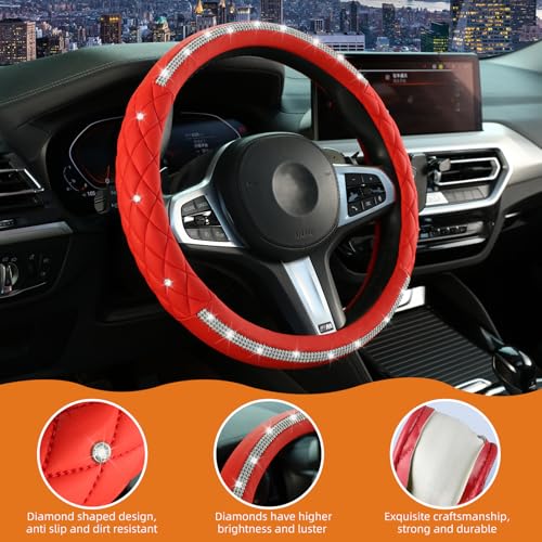 Diamond Steering Wheel Cover，with Bling Crystal Rhinestone, Delicate and Anti-Slip Sparkly Steering Wheel Cover ，Adaptable to 14.5-15 inches Car Wheel Protector for Women Girl，Car Accessories, Red - color: Red