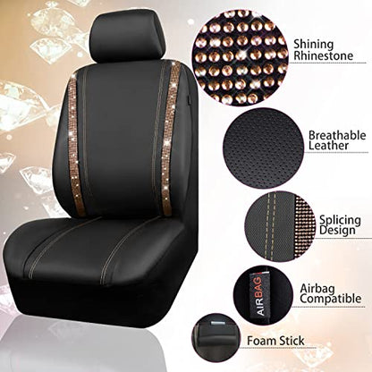CAR PASS Bling Diamond Car Seat Covers Full Sets, Shining Rhinestone Waterproof Faux Leather, with Zipper, Universal Fit Automotive Glitter Crystal Sparkle Strips Cute Women Girl, Champagne Gold - color: Champagne Gold Diamond, size: Full Set