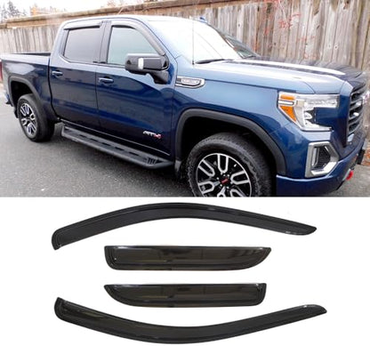 94805 Side Window Visor Deflector,4pcs Tape-on Shatterproof Dark Smoke Shades Rain Guard fit for 2019-2025 Chevry Silverado/GMC Sierra 1500,2020-2025 Silver/Sierra 2500HD/3500HD Crew Cab - size: 19-22 Silverado/Sierra Crew Cab (Full Rear Door)