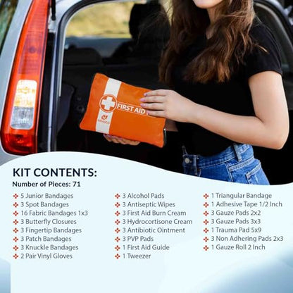 MFASCO First Aid Kit for Home, RV, Automotive - Compact Orange Pouch with Organizers for Small Travel, Backpacking, Cars, Motorcycle, Basic Supplies, Measures 8 x 5 3/4 x 1 1/4 inches, 70 Pieces