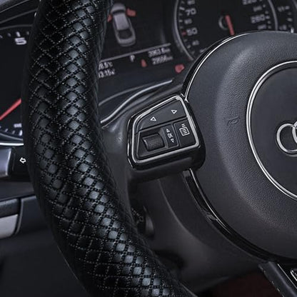 Haokay Heavy Duty Pure Cowhide Steering Wheel Cover, Genuine Leather Steering Cover with 15 Inches Universal Fit - color: BLACK-6