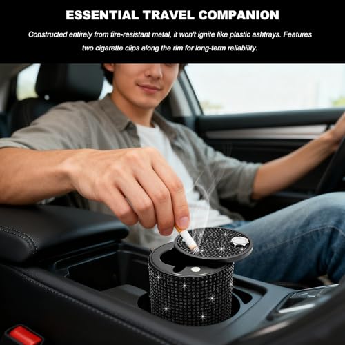 Bling Car Ashtray with Lid, Rhinestones Fireproof Auto Cup Holder Cigarette Ash Tray, Smokeless Crystal Diamond Ashtray Mini Trash Can for Women Girls, Car Accessories (Black) - color: Black