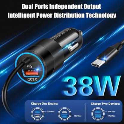 USB C Car Charger, 38W Dual Ports USBC & USB-A Cigarette Lighter Adapter Fast Charging Phone Plug with Bulit-in 1.2m Coiled Cable for iPhone 17 Pro Max,16,16e,15, 14, 13, Galaxy S25, S24, Pixel 7 - color: 1-Pack Black