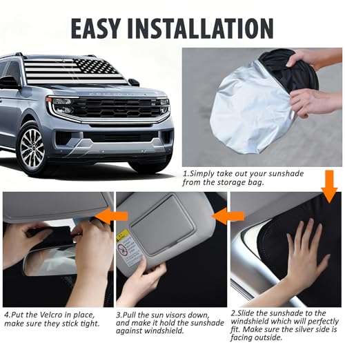 D-Lumina Windshield Sun Shade for 2018-2025 Fo'rd Expedition Accessories, Front Window Sunshade American Flag Sun Visor Protector Sun Shield Blocks UV Rays Heat, Foldable 2 Layers 210T Material - size: Silver & Black-fit 2018-2025 Ford Expedition