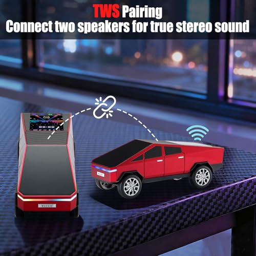 Futuristic Truck Bluetooth Replica Speaker with LED Display Screen – Portable Future-Style Audio with TWS Link, FM Radio, LED Lighting and Built-in Mic, For Every Technology and Truck Lover (Red) - color: Red