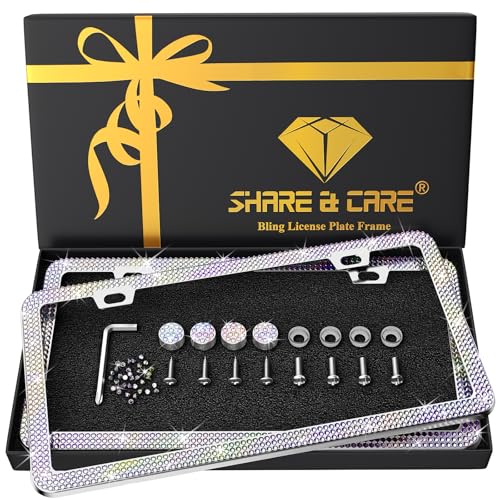 SHARE&CARE Bling License Plate Frame, Crystal License Plate Cover, Car License Plate Holder with Rhinestone Screw Set, Women Gift for Mom, Wife, Her - 2 Pack (AB-gi) - color: AB-gi