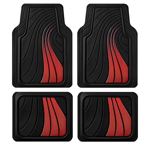 Road Comforts Car Floor Mats Full Set – Front & Rear Car Floor Mats with Aluminum Design, Anti-Slip Backing, All-Weather Protection, Trim-to-Fit Car Mats for Most Sedans, SUVs & Vans - Red - color: Red