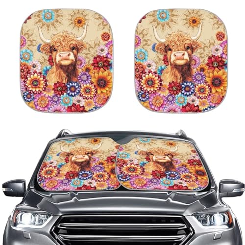 Highland Cow Windshield Sun Shade 2 Piece Mandala Flower Windshield Sunshade Sun Visor Protector Sun Reflector Blocks UV Sun and Keeps Your Vehicle Cool - color: Highland Cow Mandala Flower