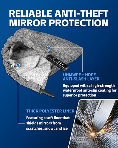 Anti-Theft Car Side Mirror Covers, UHMWPE-HPPE 7 Level Cut-Resistant Fabric, Auto-Tightening Combination Lock, All-Weather Protection, Vehicle Mirror Covers Universal Fit for Cars, SUVs