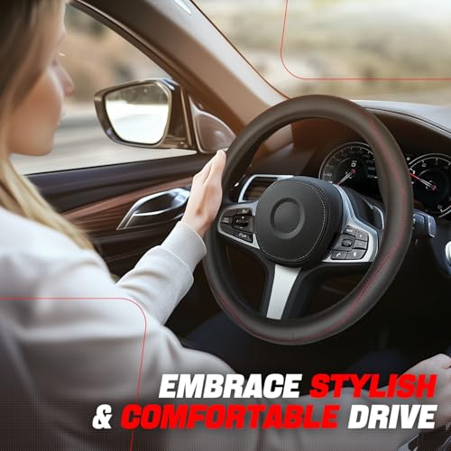 Auto Dynasty Steering Wheel Cover, Breathable Microfiber Leather Car Steering Wheel Protector with Red Stitched, Anti-Slip Inner Rubber Lining, [14 1/2 to 15 Inches] Universal Fit Cars Trucks SUVs - color: Stitched Red A
