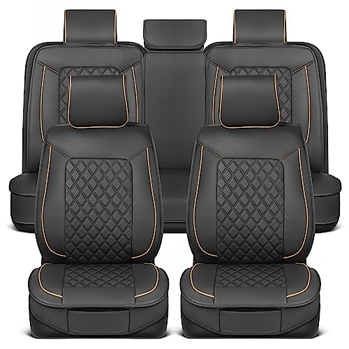 MotorBox Prestige Faux Leather Seat Covers Full Set – Semi-Universal Fit for Cars, Trucks & SUVs – Napa Style 2 Front Seat Covers + Rear Bench – Durable Interior Protector, Easy Install - color: Black, Beige, size: Full Set
