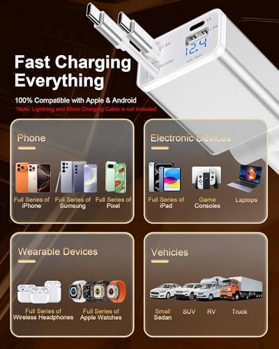 Retractable Car Phone Charger USB C, 4 in 1 Fast Car Charging Adapter with 2 Flexible USB C Cable for iPhone 17e 17 Samsung S26 Android, USBC Cigarette Lighter Gift for Men Android Auto Adapter - color: Reatractable Car Charger-White