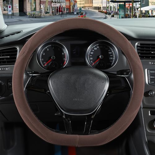 14 inch Brown Suede D Shaped Steering Wheel Cover, Breathable Non-Slip Sweat-Proof Wear-Resistant No Pilling, Warm in Winter and Cool in Summer - color: Brown, size: D Shape-S[13.5''-14'']