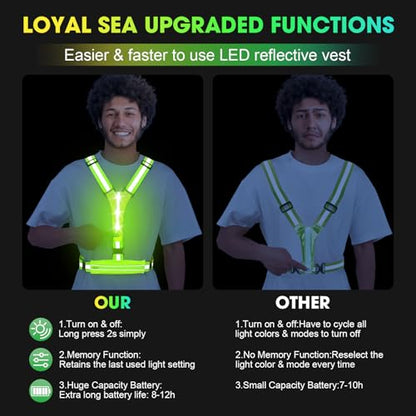LED Reflective Light Up Safety Running Vest for Biking Walking at Night, LOYAL SEA High Visible Adjustable Running Light for Runners Rechargeable with Pouch, Reflective Running Belt Gear for Men Women