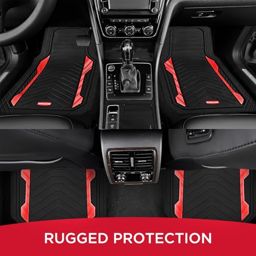 Rubbermaid Car Floor Mat, Heavy Duty All-Weather Car Mats Full Set with Dual-Tone Red Aluminum Inserts – Universal Fit, Anti-Slip Backing, Trim-to-Fit for Most SUV, Sedan, Van - color: Red