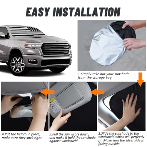 D-Lumina for 2019-2025 Dodge Ram 1500 Windshield Sun Shade, Front Window Sunshade American Flag Sun Visor Protector Block UV Rays Heat Fit Ram 1500 CrewCab, MegaCab Pickup, 2Dr RegularCab, 4Dr QuadCab - size: Silver & Black-Fit 2019-2025 Dodge Ram 1500