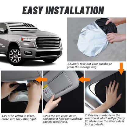 D-Lumina for 2019-2025 Dodge Ram 1500 Windshield Sun Shade, Front Window Sunshade American Flag Sun Visor Protector Block UV Rays Heat Fit Ram 1500 CrewCab, MegaCab Pickup, 2Dr RegularCab, 4Dr QuadCab - size: Silver & Black-Fit 2019-2025 Dodge Ram 1500