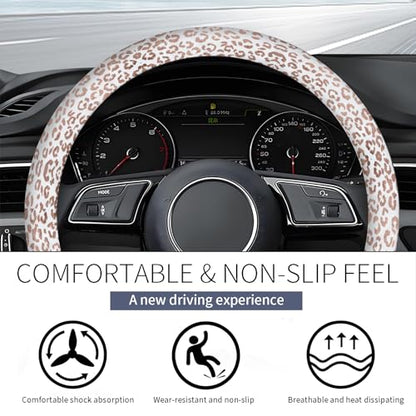 Steering Wheel Covers for Car, Truck, and SUV, Cute Non-Slip Breathable Elastic Steering Wheel, Car Accessories, Universal 15 Inch Leather Cover for Men Women Snow Leopard Pattern - color: Snow Leopard Pattern