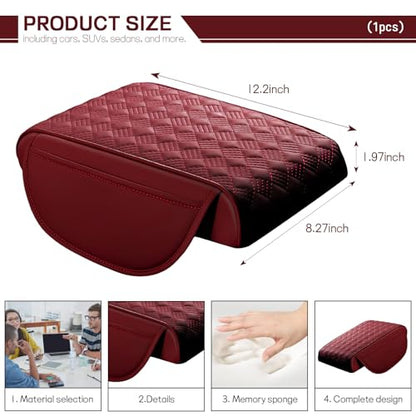 Car Armrest Cushion, 12.2"×8.3" Leather Auto Memory Foam Center Console Pad with Storage Pocket, Waterproof & Anti-Scratch Elbow Pillow Armrest Seat Box Protector, Universal Fit (Red) - color: Red
