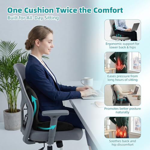 Office Chair Cushion with Back Support, Ergonomic Seat Cushion High Density Memory Foam with U-Shaped Raised Sides, Breathable Coccyx Relief for Better Posture, Office Chair, Car, Home (Black) - color: Black