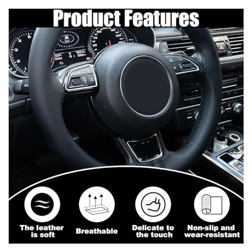 Car Genuine Leather Steering Wheel Cover, DIY Sewing with Needle and Thread, Breathable, and Anti-Slip, Universal 15 Inch Car Steering Wheel Stitching Wrap (Black, Glossy) - color: Black, size: Glossy