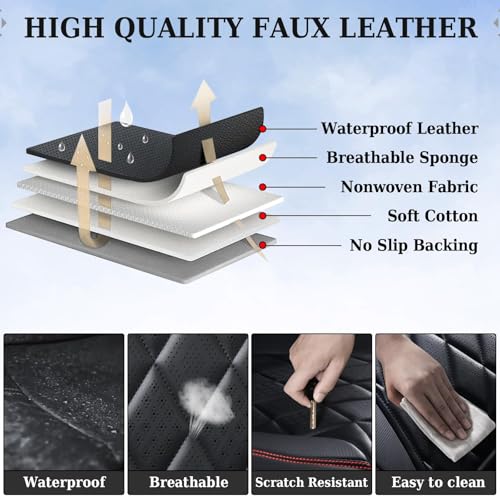 Coverado Car Seat Covers Full Set, Luxury Faux Leather Waterproof Seat Covers, Black Car Seat Covers, Universal Car Seat Protector Leather Car Seat Cushion, Carseat Cover Fit Most Cars, Black&Red - color: A-Black&Red, size: Fullset
