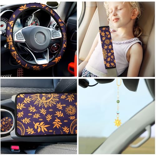 Riakrum 17 Pcs Sun and Moon Car Seat Covers Sun and Moon Car Accessories Full Set for Women Men Automotive Rear Front Seat Protector View Mirror Hanging Ornament Steer Wheel Belt Cover - style: Sun and Moon