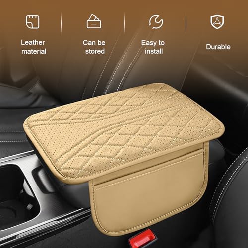 Car Center Console Cover, Leather Automotive Armrest Cushion with 2 Storage Bags, Breathable Armrest Cover, Universal Waterproof Arm Rest Protection Pad for SUV, Sedan, Truck (Beige) - color: Beige