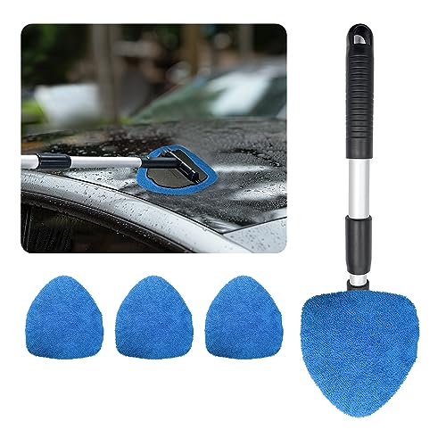 Ziciner Car Windshield Cleaner, Microfiber Auto Cleaning Wiper with Aluminum Extendable Handle and 2 Washable Reusable Cloth Pad Head, Universal Vehicle Interior Exterior Cleaner Kit (Blue-Triangle) - size: Blue-triangle