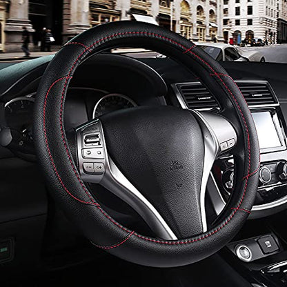 Leather Car Steering Wheel Cover, Non-Slip Car Wheel Cover Protector Breathable Microfiber Leather Universal Fit for Most Cars(Black) - color: Black