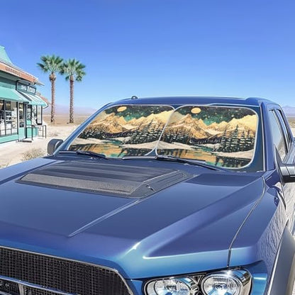 Front Windshield Sun Shade, 2-Piece Car Front Window Pad Folding Sun Visor Windshield Protector Universal Fit Most Cars SUV Truck Van Sedan, Camp Mountain - color: Camp Mountain Moon