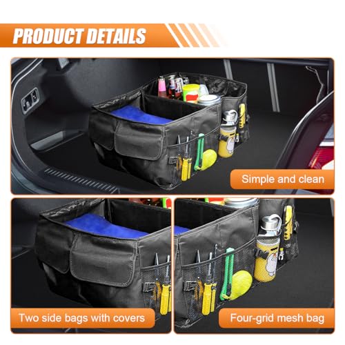 Car Trunk Organizer with Multi-Compartment, Waterproof Oxford Cloth Foldable Cargo Storage Box, Portable Auto Organization for Cars SUVs Trucks (Black)