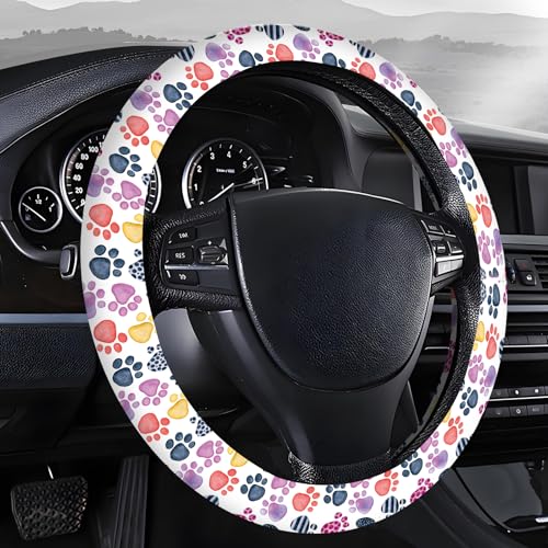 Steering Wheel Covers for Car, Truck, and SUV, Cute Non-Slip Breathable Elastic Steering Wheel, Car Accessories, Universal 15 Inch Leather Cover for Men Women Colorful Paw Prints - color: Colorful Paw Prints