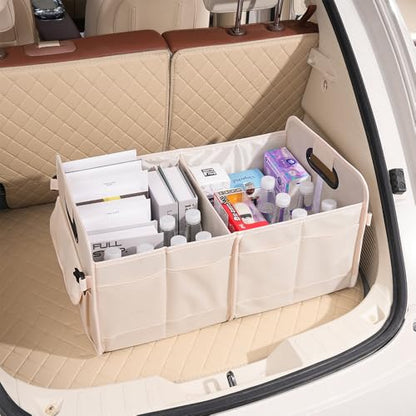 Car trunk storage box Foldable sedan SUV Universal outing travel good goods Multi compartment partition with handle (beige) - color: beige