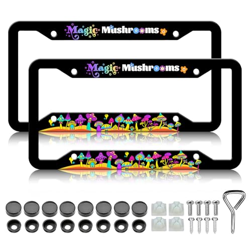 Magic Mushrooms License Plate Frame - 2PCS Colorful Mushroom Stainless Steel Metal License Plate Holder, Rust-Proof Waterproof Car Decorative Tag Frames - color: Magic Mushrooms