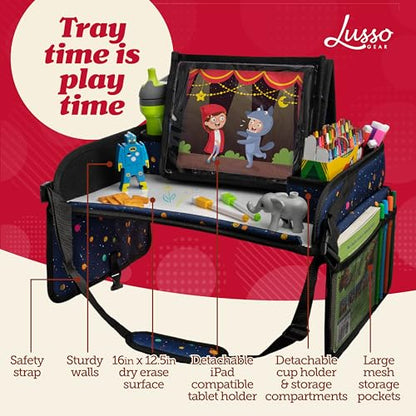Lusso Gear Car Seat Activity Tray - Dry-Erase Top & Toddler Travel Essential - Mesh Pockets & Car Back Seat Organizer - Cup Holder & Road Trip Essentials for Kids - 600D Oxford Material - color: - Planets