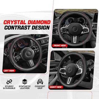 Auto Dynasty Steering Wheel Cover, Breathable Microfiber Leather Car Steering Wheel Protector with with Stylish Red Carbon Fiber Pattern, Anti-Slip, [14 1/2 to 15 Inches] Universal Fit Cars Trucks SUV - color: Carbon Fiber Red B