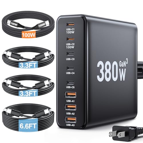 380W USB C Charger Block,with 4 USB Cables 8-Port USB C Charging Station Dual 100W Laptop Charger Fast Charger Type C Charging Block for MacBook Pro, Dell XPS, iPhone, iPad, Tablet (Bright Black) - color: Bright Black