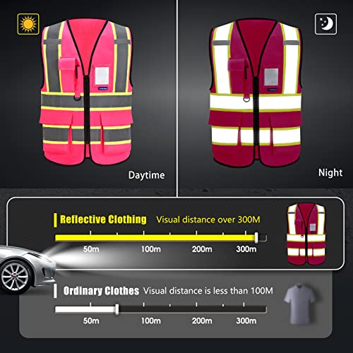 AYKRM Security Vest for Men Women 7 Pockets High Visibility Reflective Safety Vest Front Zipper Meets ANSI/ISEA - color: Pink-breast Cancer, size: X-Small