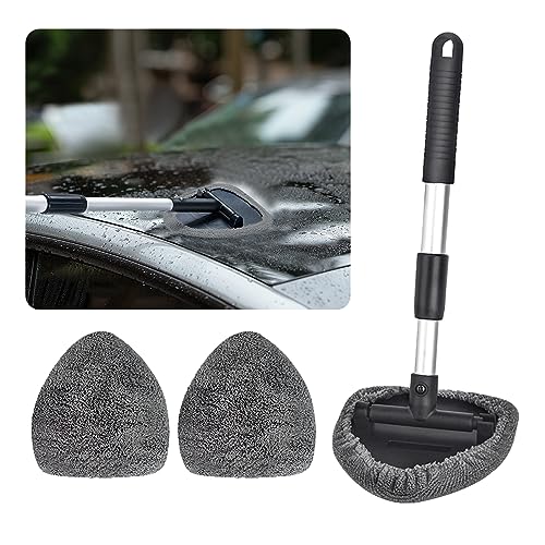 Ziciner Car Windshield Cleaner, Microfiber Auto Cleaning Wiper with Aluminum Extendable Handle and 2 Washable Reusable Cloth Pad Head, Universal Vehicle Interior Exterior Cleaner Kit (Gray-Triangle) - size: Gray-Triangle