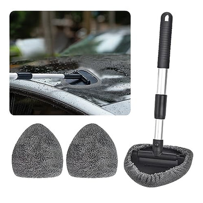 Ziciner Car Windshield Cleaner, Microfiber Auto Cleaning Wiper with Aluminum Extendable Handle and 2 Washable Reusable Cloth Pad Head, Universal Vehicle Interior Exterior Cleaner Kit (Gray-Triangle) - size: Gray-Triangle