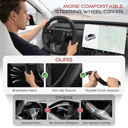 Ultra-Thin Nappa Leather Steering Wheel Cover for Tesla Model 3/Y 2016-2025, Non-Slip Textured Breathable Tesla Model 3/Y Steering Wheel Protector - color: Carbon Fiber
